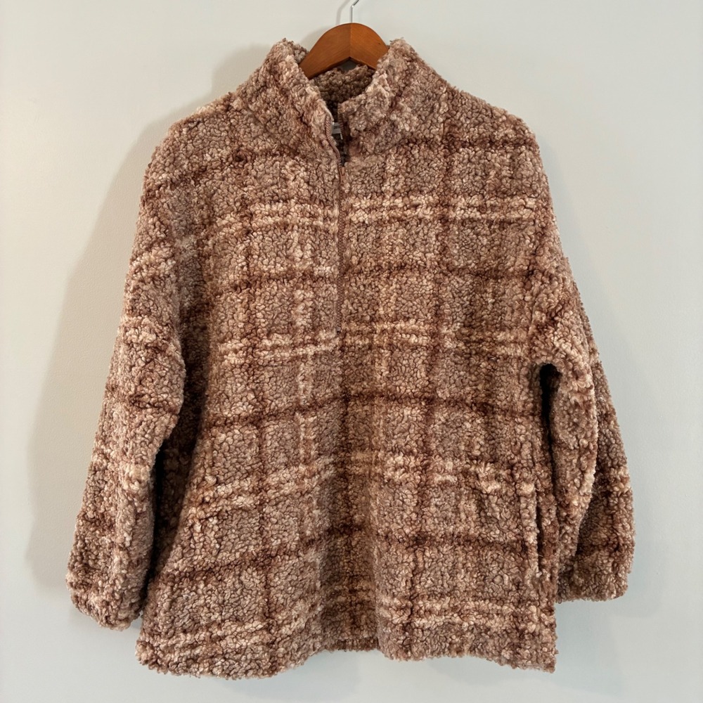 Amaryllis Pullover S Brown Grid Plaid Sherpa Fleece Teddy Cozy Cabincore Lounge